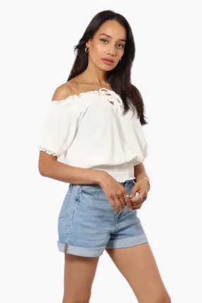 Urbanology Off Shoulder Tie Front Smock Blouse - White