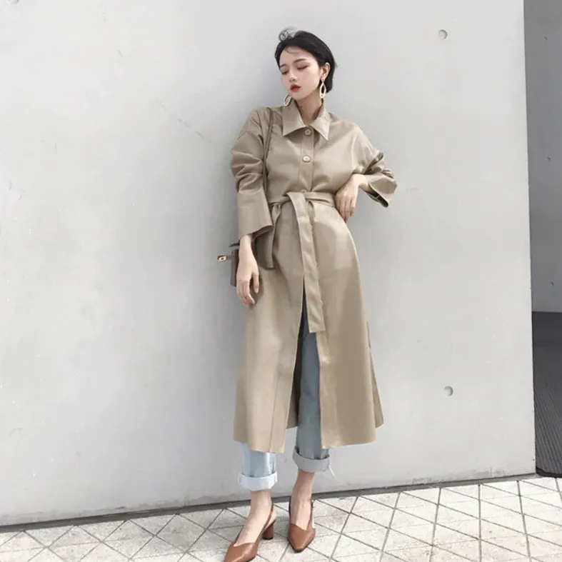 Women's Spring Casual Long-Sleeved PU Leather Long Coat