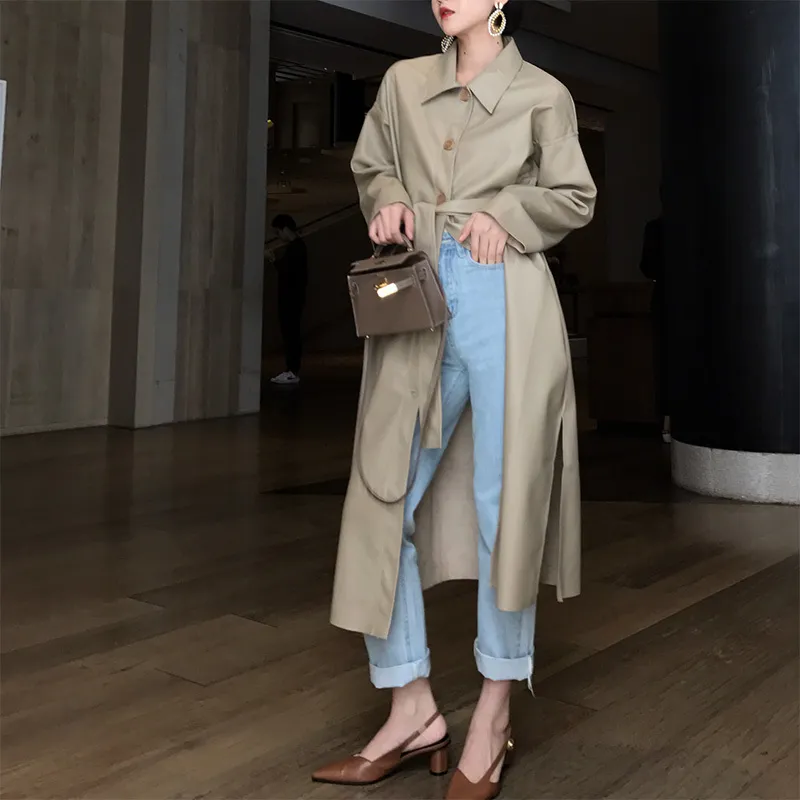 Women's Spring Casual Long-Sleeved PU Leather Long Coat