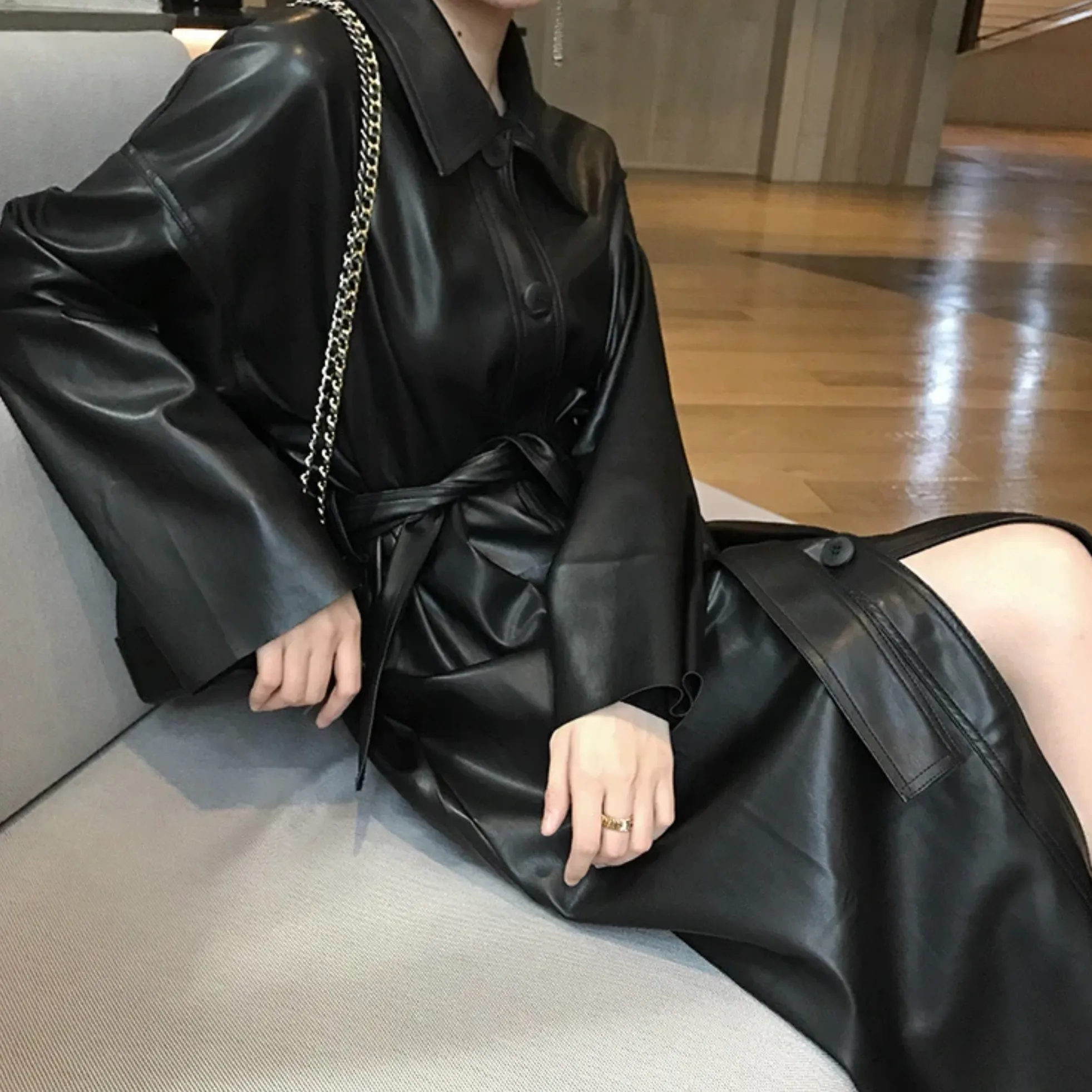 Women's Spring Casual Long-Sleeved PU Leather Long Coat