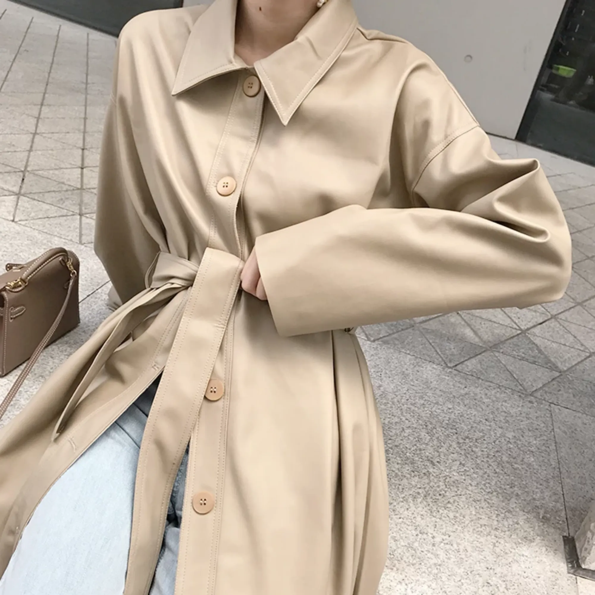 Women's Spring Casual Long-Sleeved PU Leather Long Coat