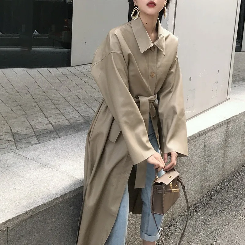 Women's Spring Casual Long-Sleeved PU Leather Long Coat