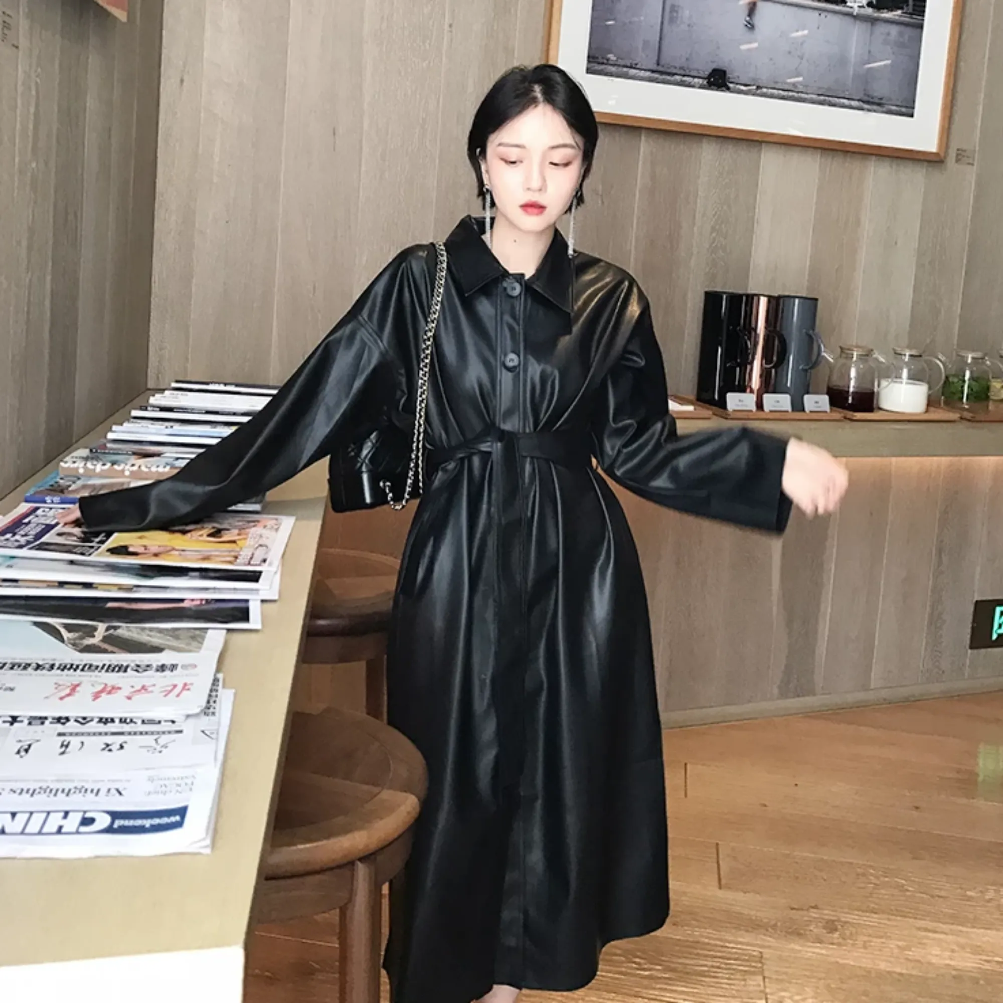 Women's Spring Casual Long-Sleeved PU Leather Long Coat