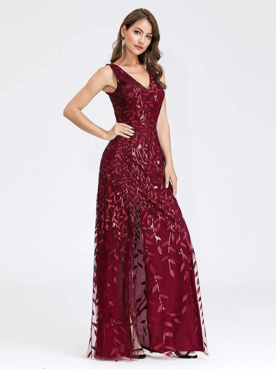 Women's V-Neck Embroidery Side Split Evening Party Maxi Dress