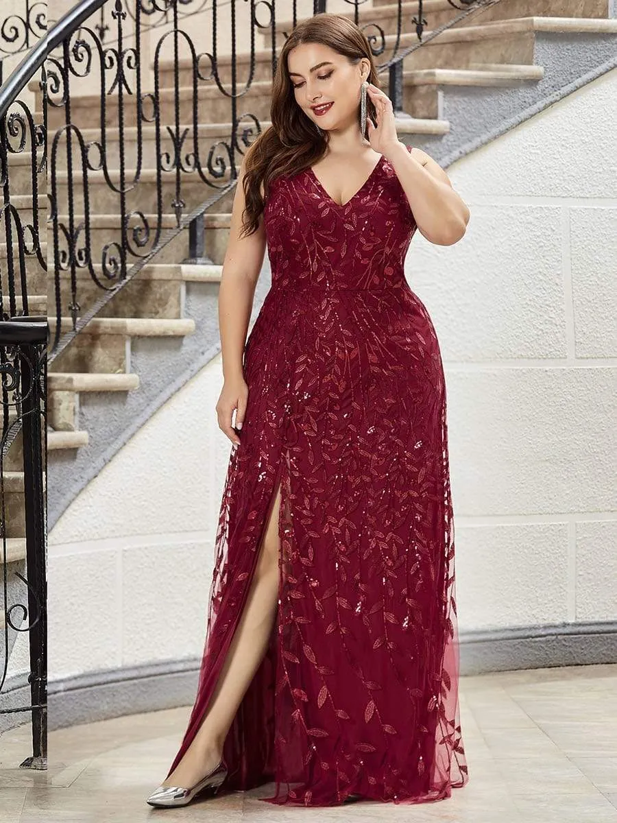 Women's V-Neck Embroidery Side Split Evening Party Maxi Dress