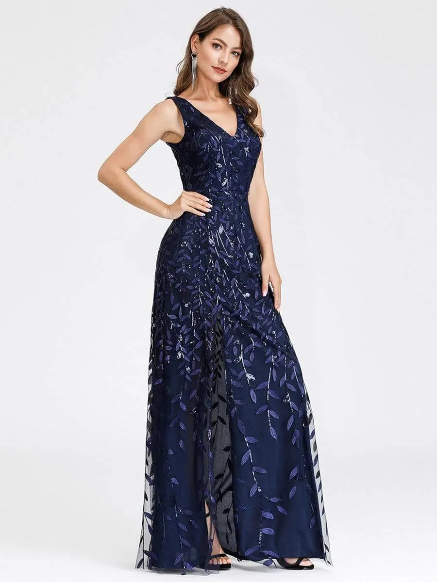 Women's V-Neck Embroidery Side Split Evening Party Maxi Dress