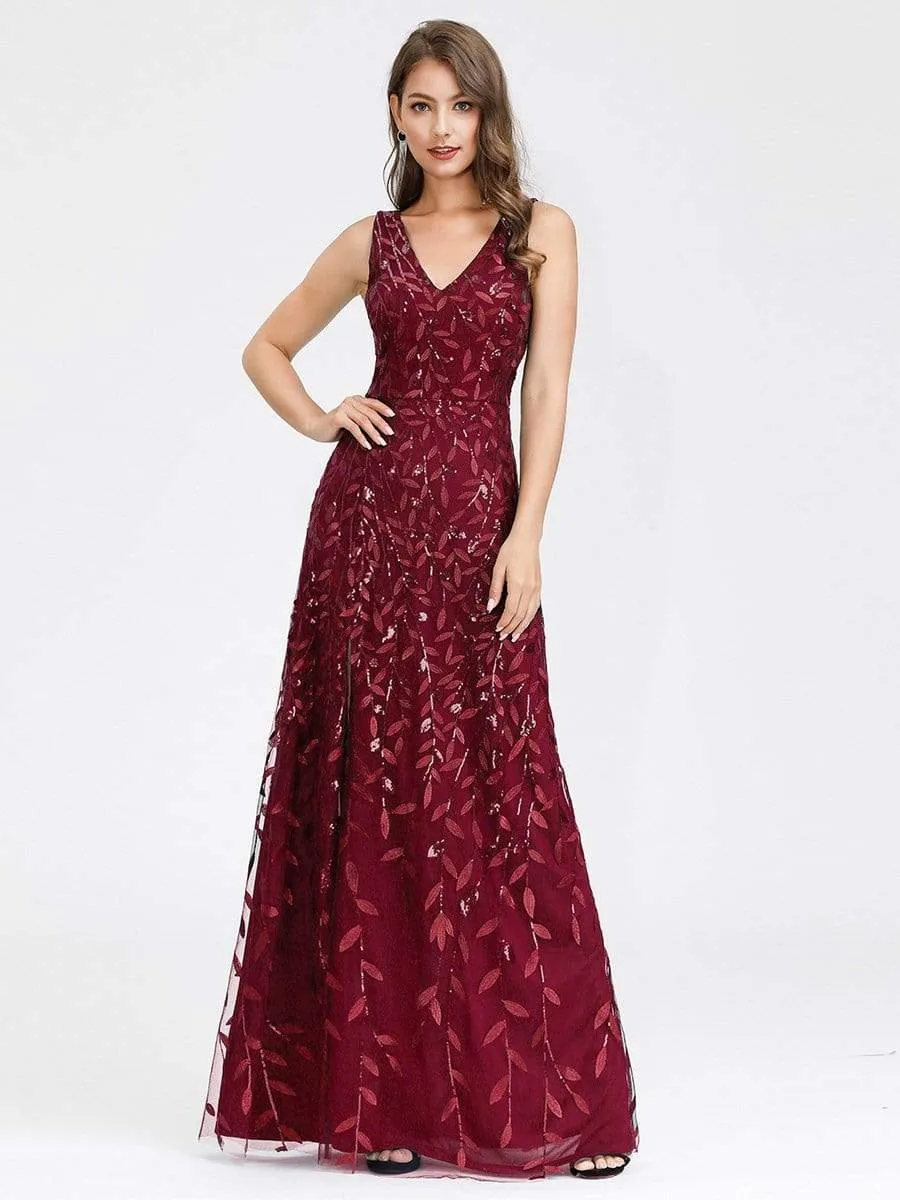 Women's V-Neck Embroidery Side Split Evening Party Maxi Dress