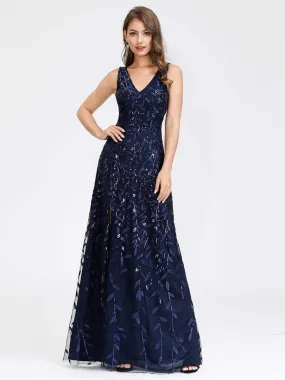 Women's V-Neck Embroidery Side Split Evening Party Maxi Dress